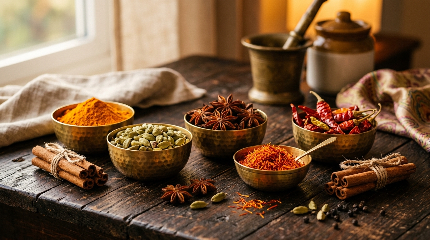 Rich Indian spices in brass bowls